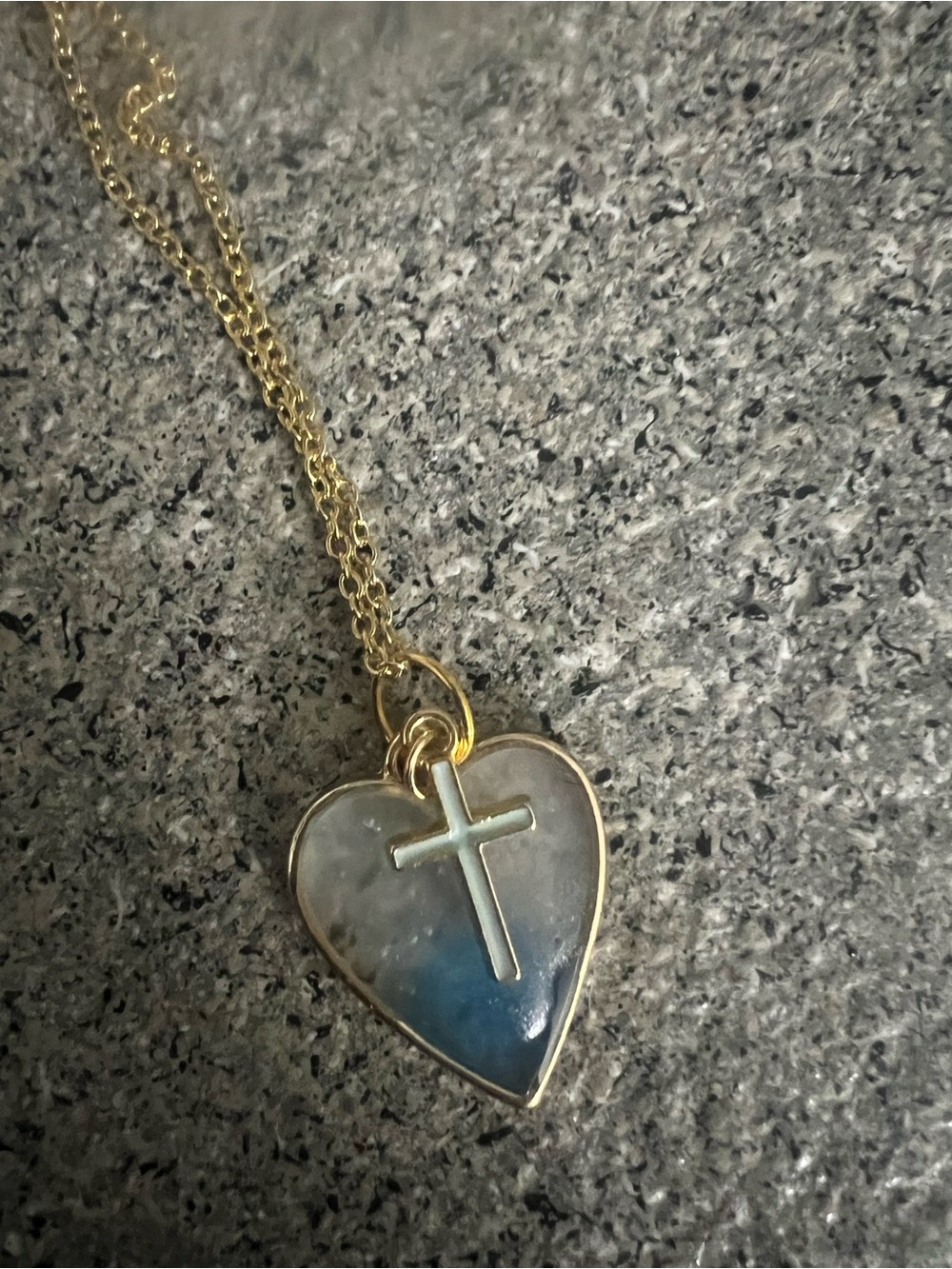 Gold Heart Cross Pendant Necklace - Blue/White Heart